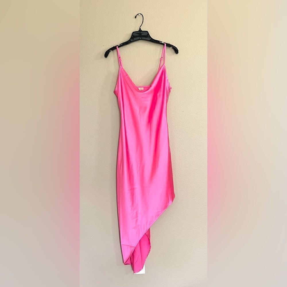 Pink Satin Asymmetrical Cowl Neck Midi Dress